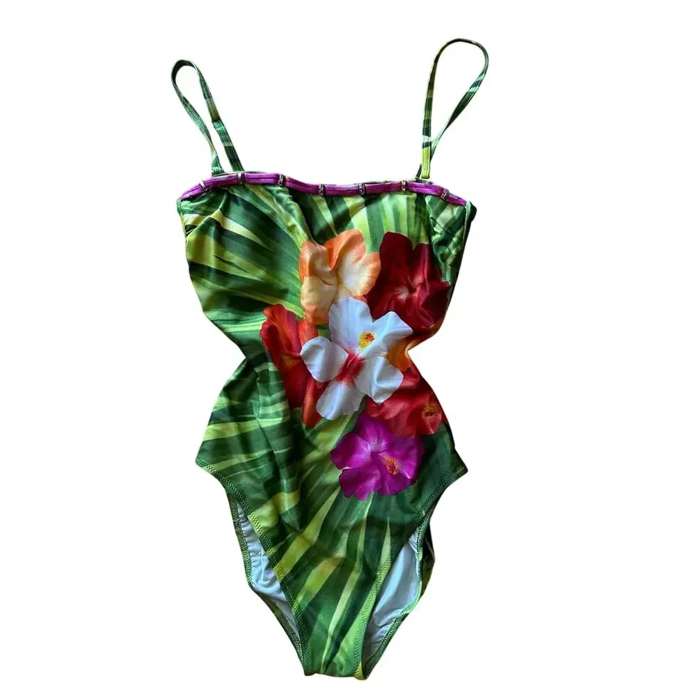 Vintage Beaded Tropical Hawaiian Fairy Floral One Piece Swimsuit Green Size 8/38
